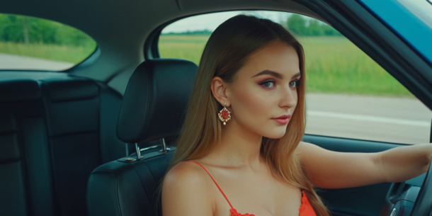 Молодая женщина с уложенной прической и макияжем, в серьгах и красном топе смотрит в сторону за рулем автомобиля, а из окна виден яркий зеленый пейзаж.